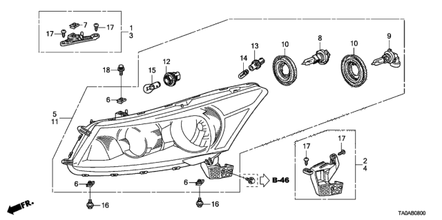 2012 Honda Accord Headlight Assembly, Driver Side Diagram for 33150-TA0-A01
