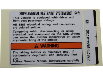 Honda 77871-SM4-A70 Label, SRS Caution