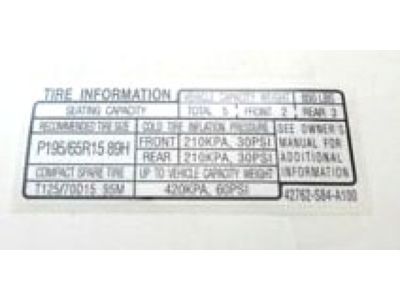 Honda 42762-S84-A10 Placard, Specification (Usa)