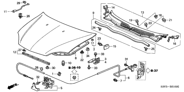 2001 Honda Insight Rubber, RR. Hood Seal Diagram for 74143-S3Y-A00
