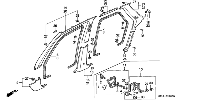1990 Honda Accord Lining, L. RR. Pillar *R93L* (SMOOTH RED) Diagram for 84181-SM4-A41ZB