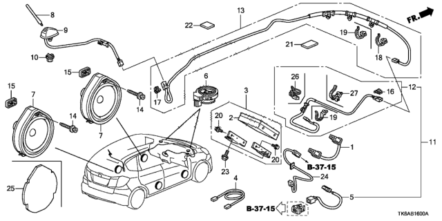 2013 Honda Fit Feeder Assembly, Roof Antenna Diagram for 39160-TK6-A01