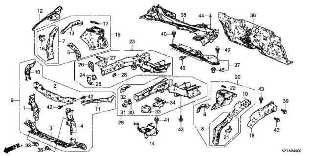 2014 Honda CR-Z Member, L. FR. Wheelhouse (Upper) Diagram for 60710-SZT-G00ZZ