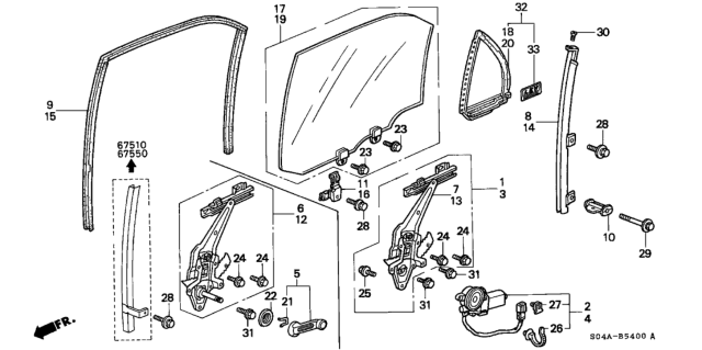 1998 Honda Civic Regulator, Left Rear Door Diagram for 72750-S04-013