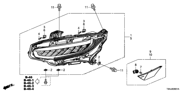 2019 Honda Civic Headlight Assembly, Passenger Side Diagram for 33100-TEG-A23