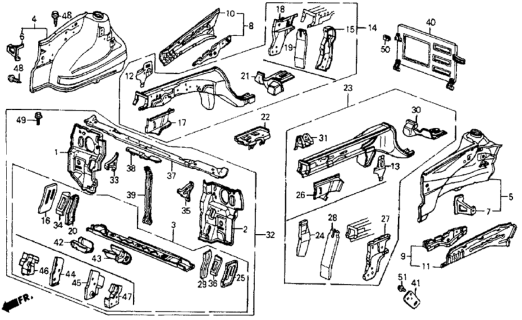 1987 Honda CRX Frame, R. FR. Side Diagram for 60710-SB2-670ZZ