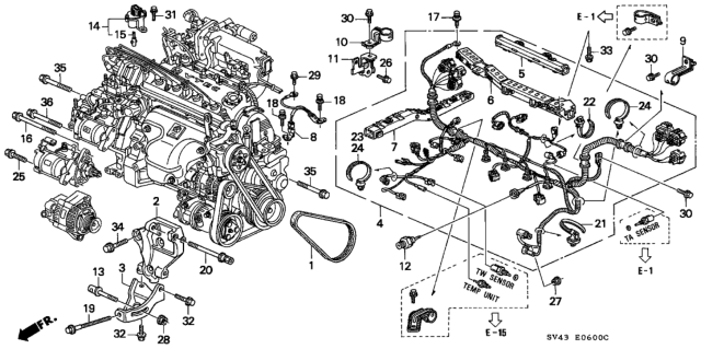 1996 Honda Accord Wire Harness, Engine Diagram for 32110-P0B-A20