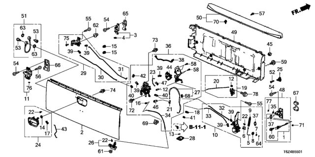 2020 Honda Ridgeline Lock, Drvier Side Tailgate Diagram for 74851-T6Z-A11