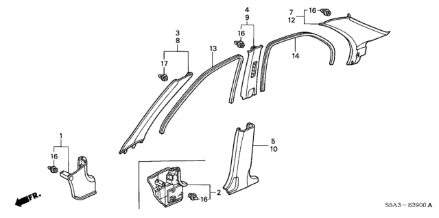 2001 Honda Civic Lining Assy., R. Cowl Side *NH361L* (CF GRAY) Diagram for 83111-S5A-A10ZB