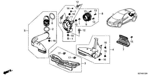 2014 Honda CR-Z Duct Assy., Air Inlet Diagram for 1J635-RTW-003