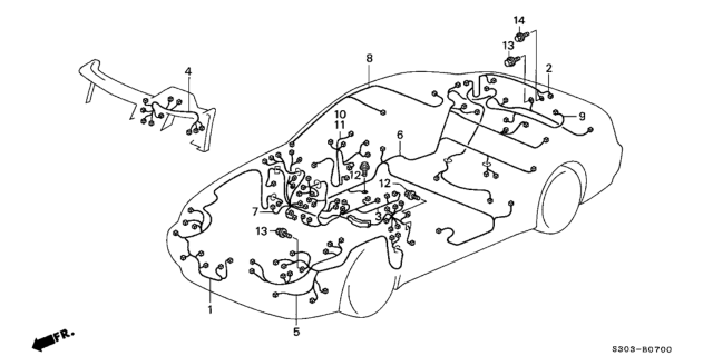 1997 Honda Prelude Wire Harness, Driver Door Diagram for 32751-S30-A10