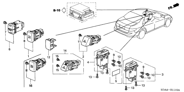 2006 Honda Accord Switch Assembly, Hazard & Passenger Srs Indicator Diagram for 35510-SDA-A11
