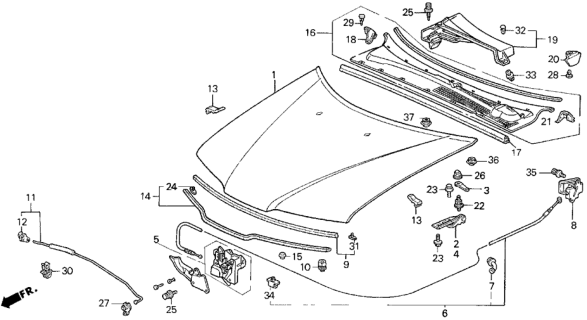1993 Honda Prelude Wire Assembly, Hood Diagram for 74130-SS0-A00
