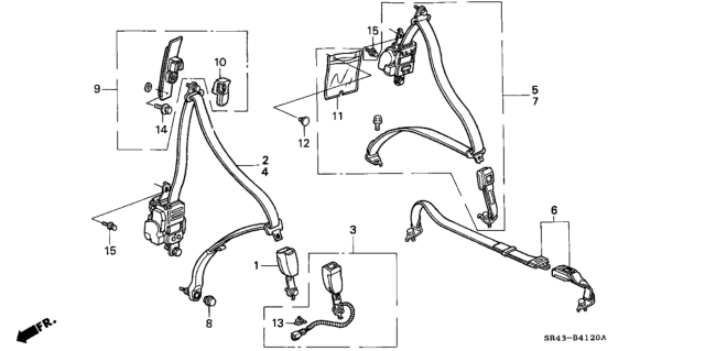 1992 Honda Civic Seat Belt Set, R. RR. *R104L* (VINTAGE RED) Diagram for 04824-SR1-A00ZE