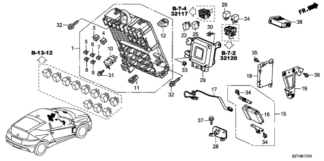2011 Honda CR-Z Box Assembly, Fuse Diagram for 38200-SZT-A22