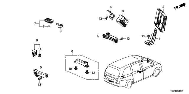 2014 Honda Odyssey Fob Assembly, Entry Key Diagram for 72147-TK8-A51