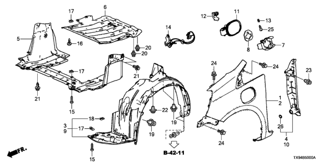2014 Honda Fit EV Enclosure, R. FR. Fender Diagram for 74105-TF0-J00