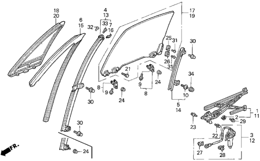 1994 Honda Del Sol Motor Assembly, Passenger Side Window Diagram for 72215-SR2-003