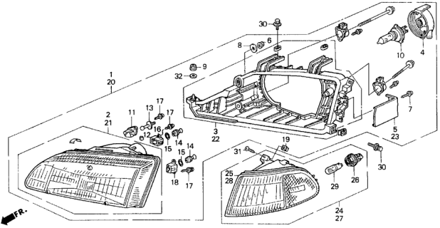 1993 Honda Civic Headlight Assembly, Passenger Side Diagram for 33100-SR3-A01