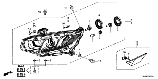 2019 Honda Civic Headlight Assembly, Passenger Side Diagram for 33100-TBA-A31