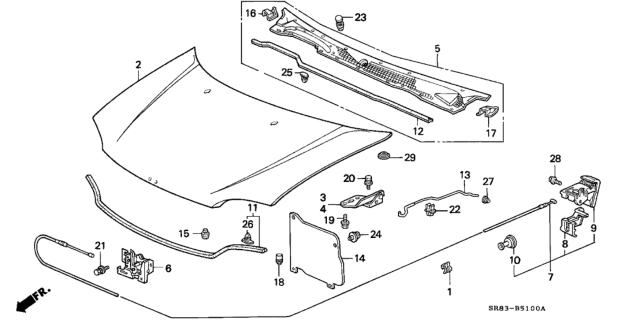 1993 Honda Civic Wire Assembly, Hood Diagram for 74130-SR3-A00