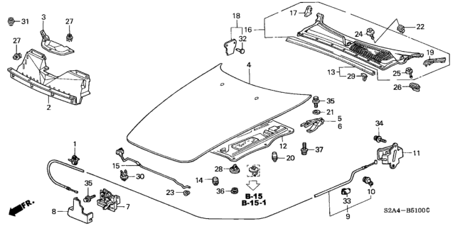 2000 Honda S2000 Lock Assembly, Hood Diagram for 74120-S2A-A05