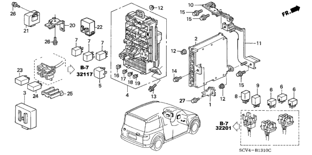 2005 Honda Element Box Assembly, Fuse Diagram for 38200-SCV-A03