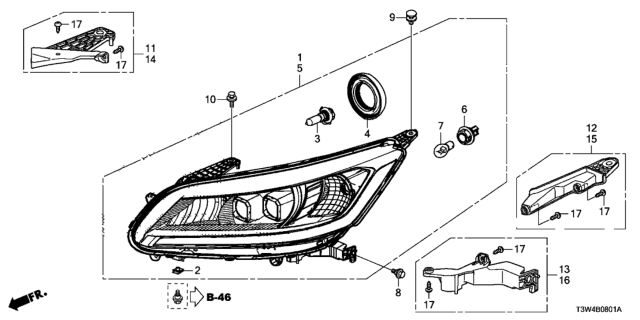 2015 Honda Accord Hybrid Headlight Assembly, Driver Side Diagram for 33150-T3V-A51