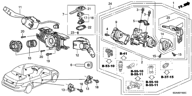 2003 Honda Accord Lock Assy., Steering Diagram for 35100-SDA-A31