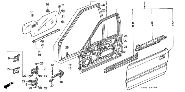 1991 Honda Accord Beam, L. FR. Door Skin Diagram for 67271-SM4-A01ZZ