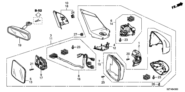 2011 Honda CR-Z Mirror Assembly, Passenger Side Door (Crystal Black Pearl) (Coo) (R .C.) Diagram for 76200-SZT-306ZD