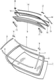 1981 Honda Accord Weatherstrip, RR. Windshield Diagram for 74202-671-030
