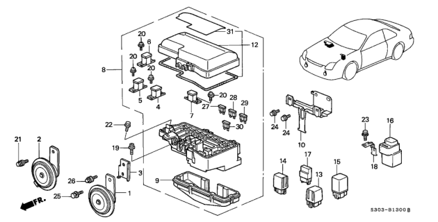 2001 Honda Prelude Box Assembly, Relay Diagram for 38250-S30-A02