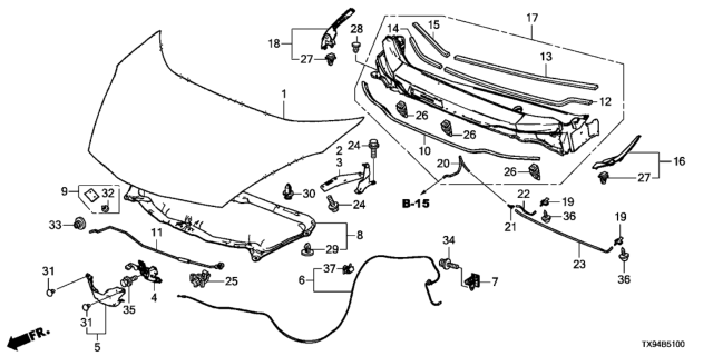 2014 Honda Fit EV Insulator, Hood Diagram for 74141-TX9-A00