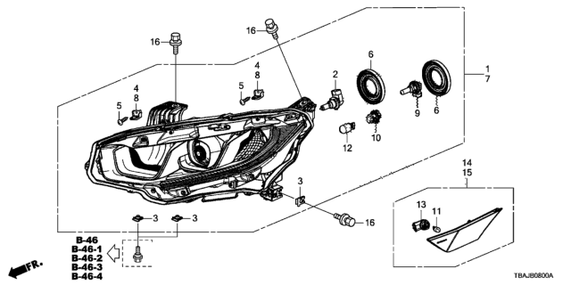 2018 Honda Civic Headlight Assembly, Passenger Side Diagram for 33100-TEG-A01