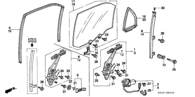 1996 Honda Civic Regulator Assembly, Left Rear Door Diagram for 72750-S01-003