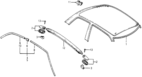 1977 Honda Accord Weatherstrip, Roof Diagram for 71862-671-000