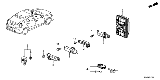 2020 Honda Civic Fob Assembly, Entry Key Diagram for 72147-TGG-A22