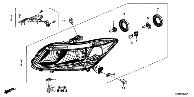 2012 Honda Civic Headlight Assembly, Passenger Side Diagram for 33100-TR2-A01
