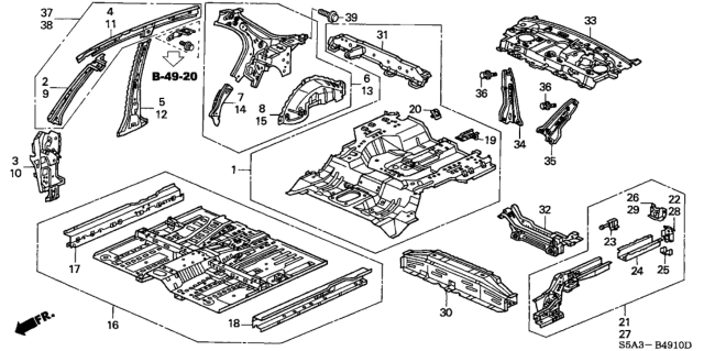 2003 Honda Civic Crossmember, RR. Floor (Upper) Diagram for 65740-S5A-A20ZZ