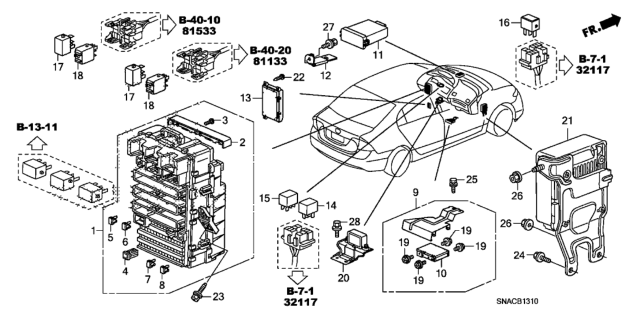 2010 Honda Civic Box Assembly, Fuse Diagram for 38200-SNA-A25