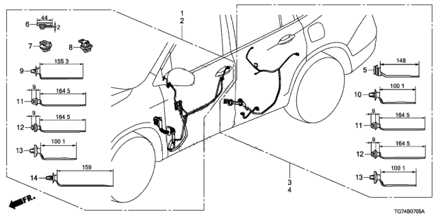2018 Honda Pilot Wire Harness, Passenger Door Diagram for 32752-TG7-A50