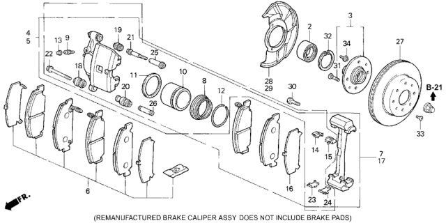 1995 Honda Civic Caliper Assembly, Passenger Side (Reman) (Akebono) Diagram for 45210-SH3-L02RM