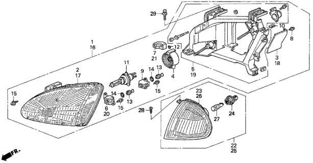 1994 Honda Del Sol Headlight Unit, Passenger Side Diagram for 33101-SR2-A02