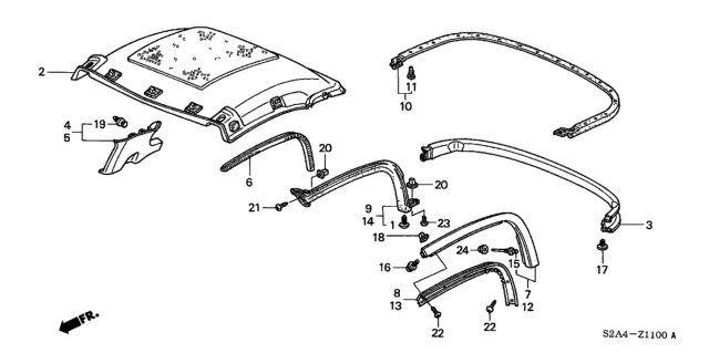 2000 Honda S2000 Retainer Assy., L. Roof Diagram for 85170-S2A-901