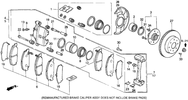 1993 Honda Del Sol Caliper Assembly, Passenger Side Diagram for 45210-SR3-L01