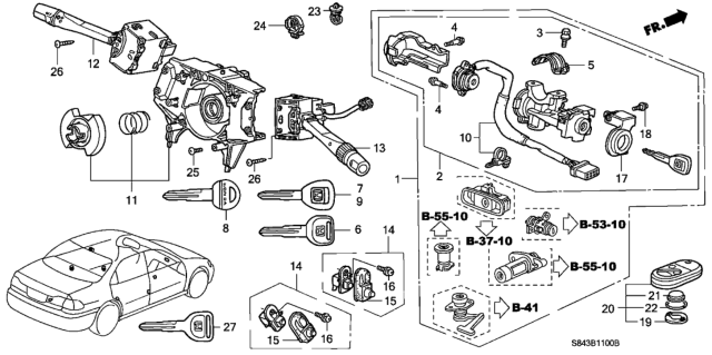 1998 Honda Accord Cylinder Set, Key Diagram for 06350-S84-A32NI