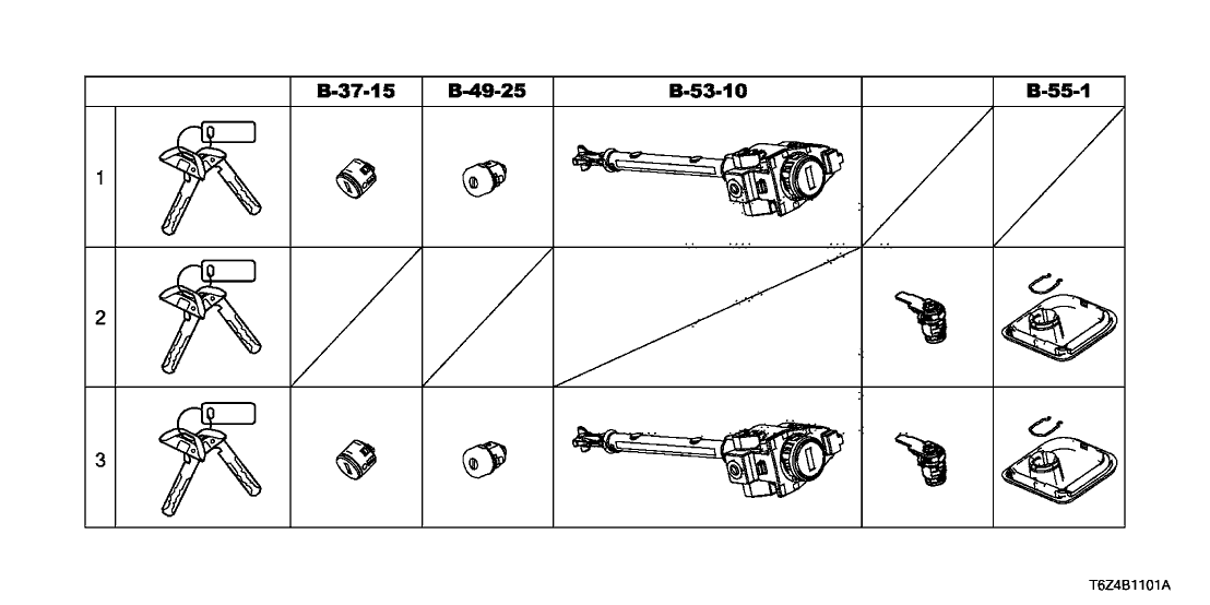 Honda 06350-T6Z-A01 Cylinder Set, Key