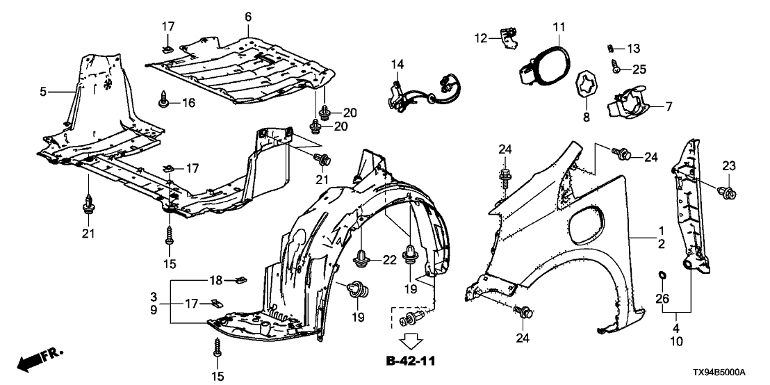 Honda 74150-TX9-A00 Fender Assembly, Left Front (Inner)