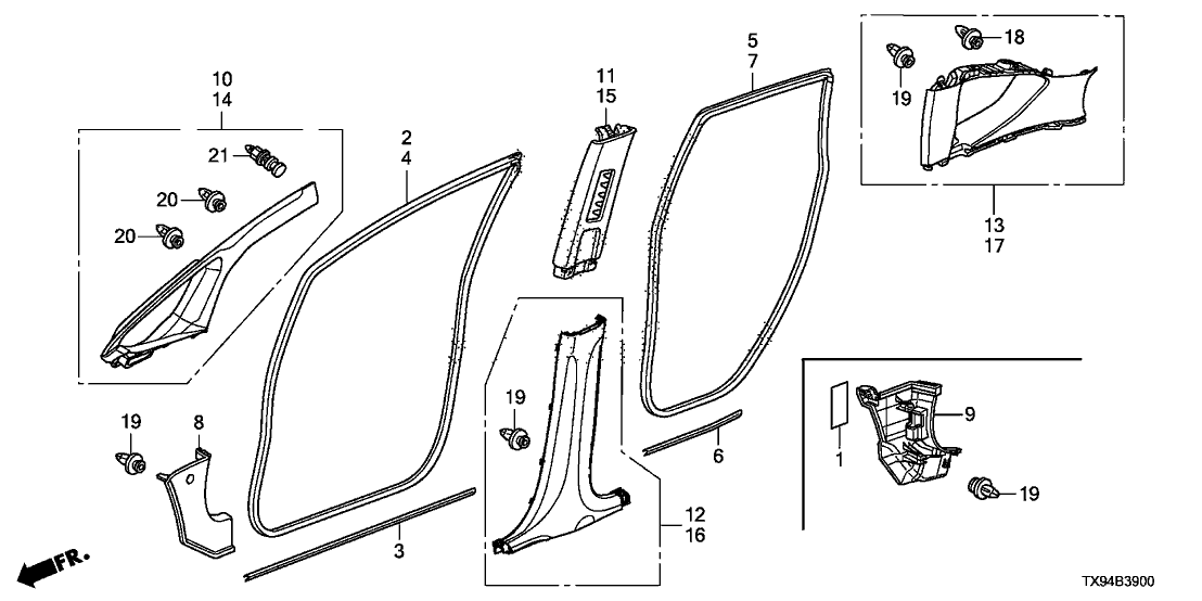 Honda 84171-TX9-A01ZA Garnish Assy., L. Center Pillar (Lower) *NH643L* (LIGHT GRAY)